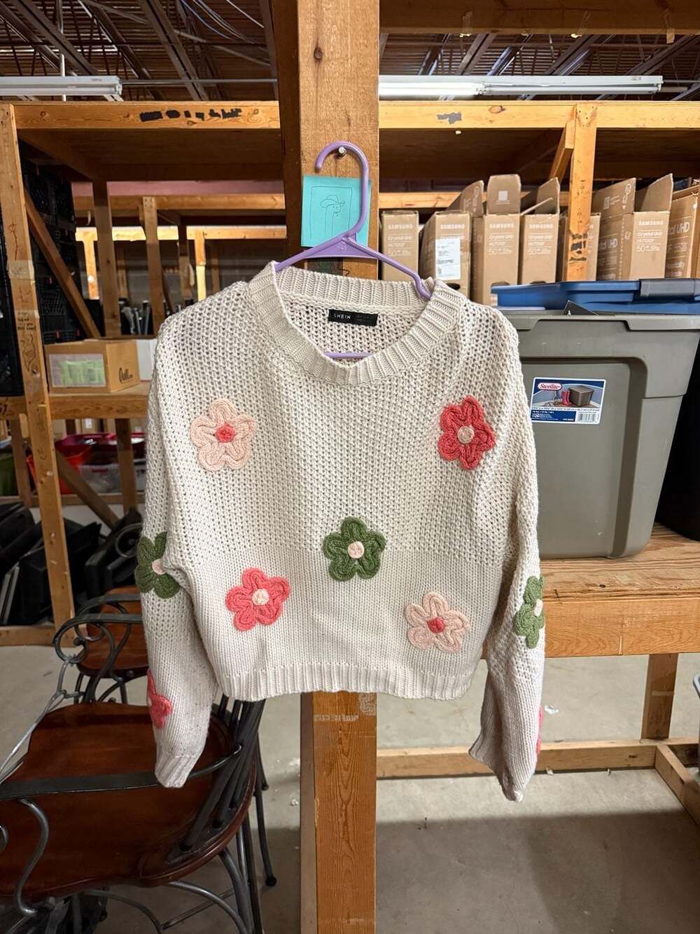 SHEIN Floral Embroidered Knit Sweater Size M Cream